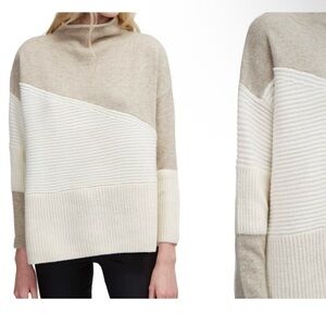 French Connection Wool Mock Neck, Oversized Color Blocked cream/white Sz Large